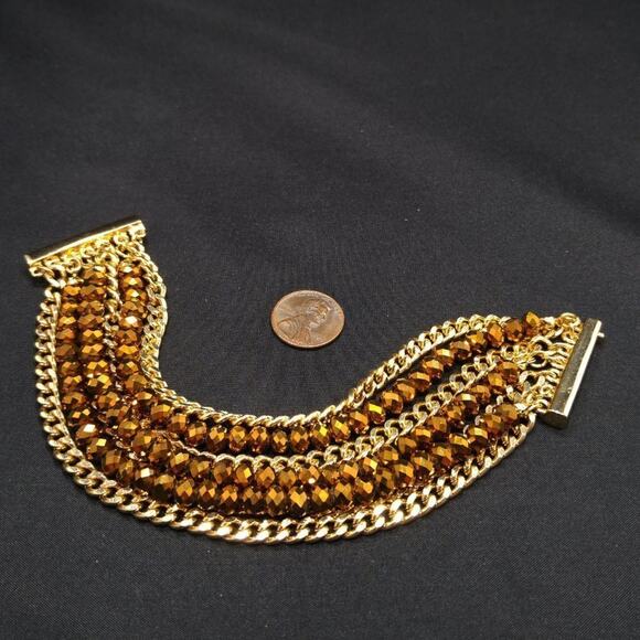 Golden Bronze Crystal Beads & Gold Chain Bracelet, Magnetic Clasp, 7 1/2 Inches - Picture 3 of 8